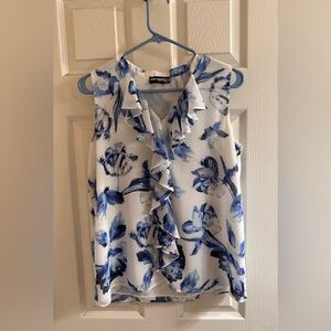 Karl Lagerfeld Paris Ruffle Front Sleeveless Floral Blouse - Blue/White - Size S